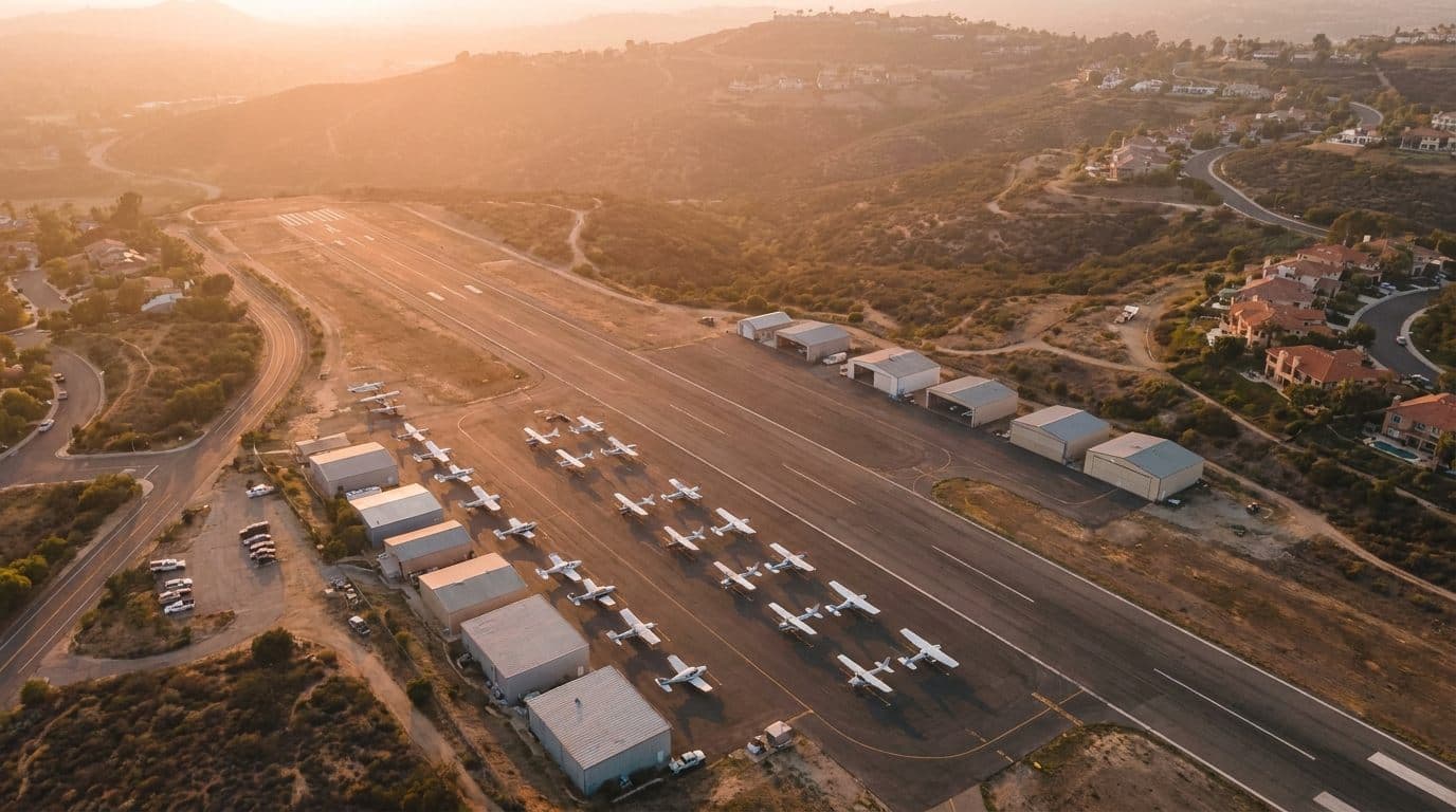 Aerial view of a general aviation airport at golden hour