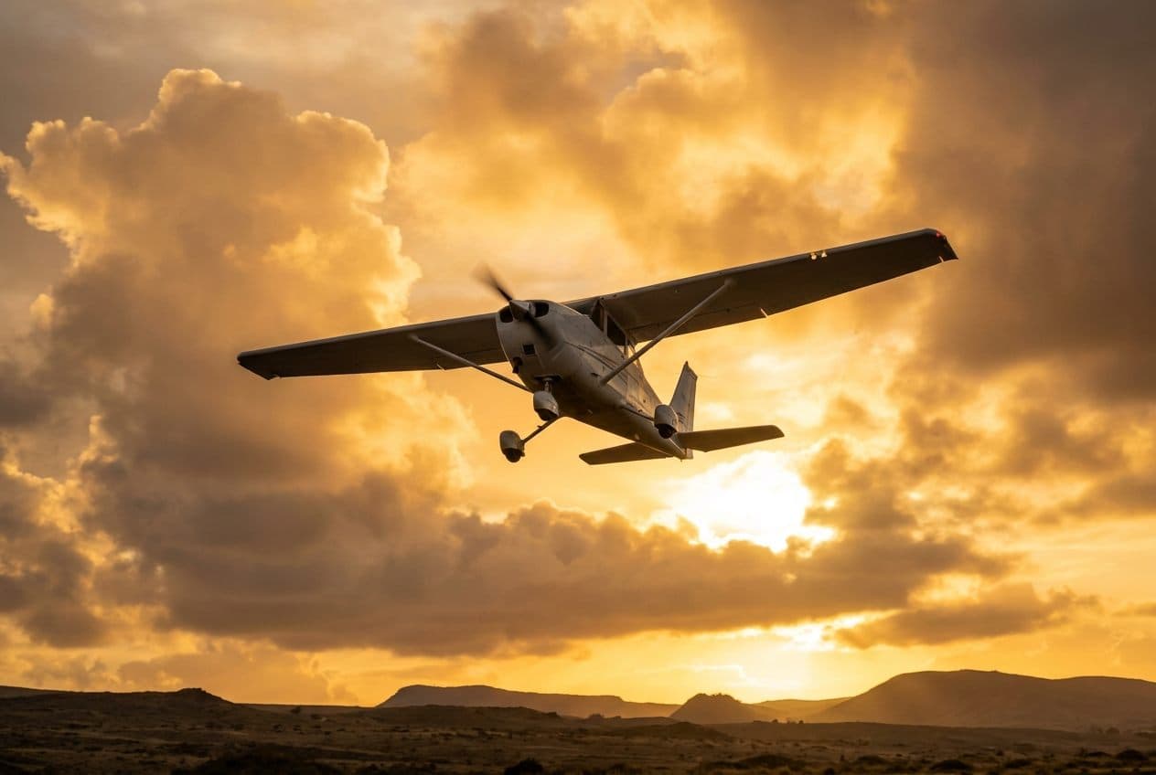 Airplane climbing at sunset