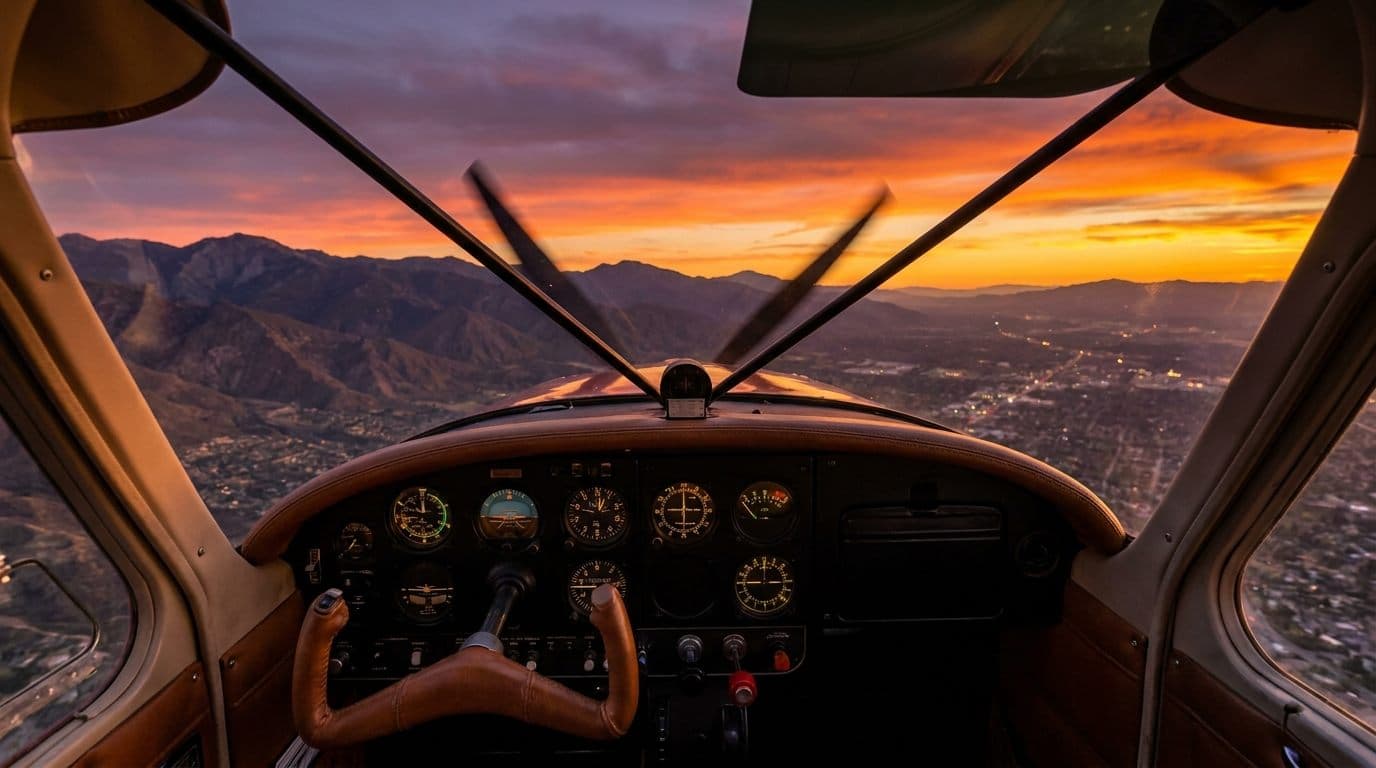 Cockpit view flying toward sunset