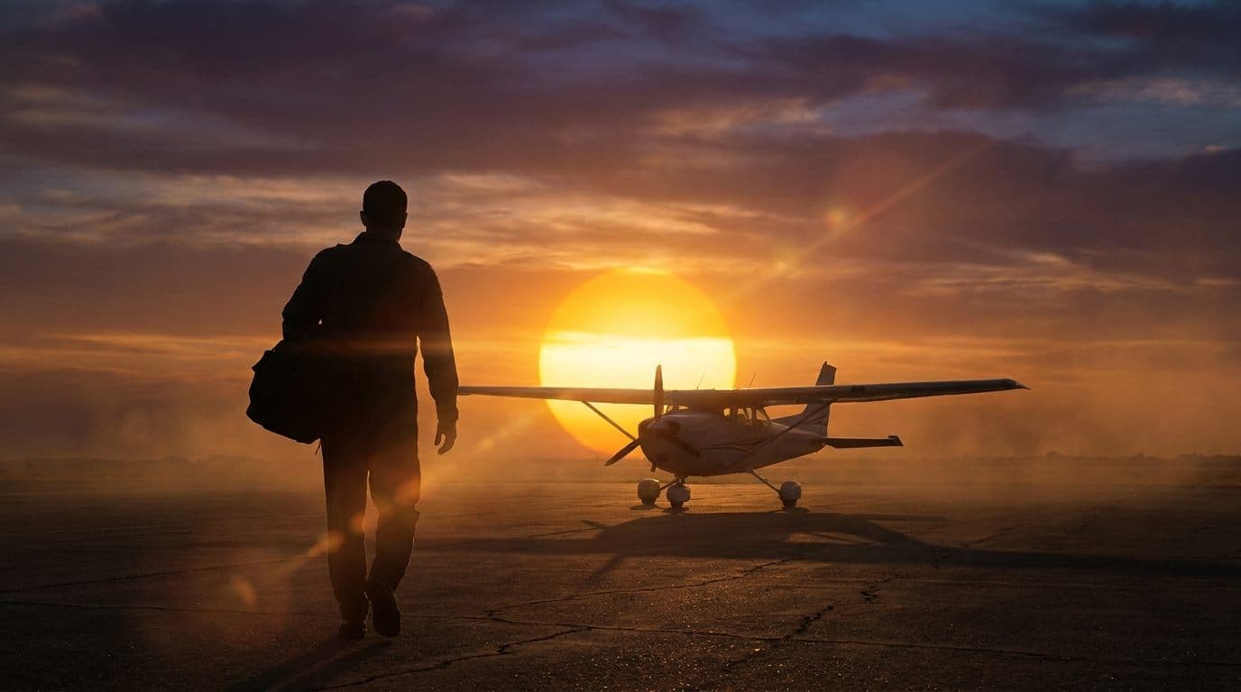 Pilot walking toward aircraft at sunrise